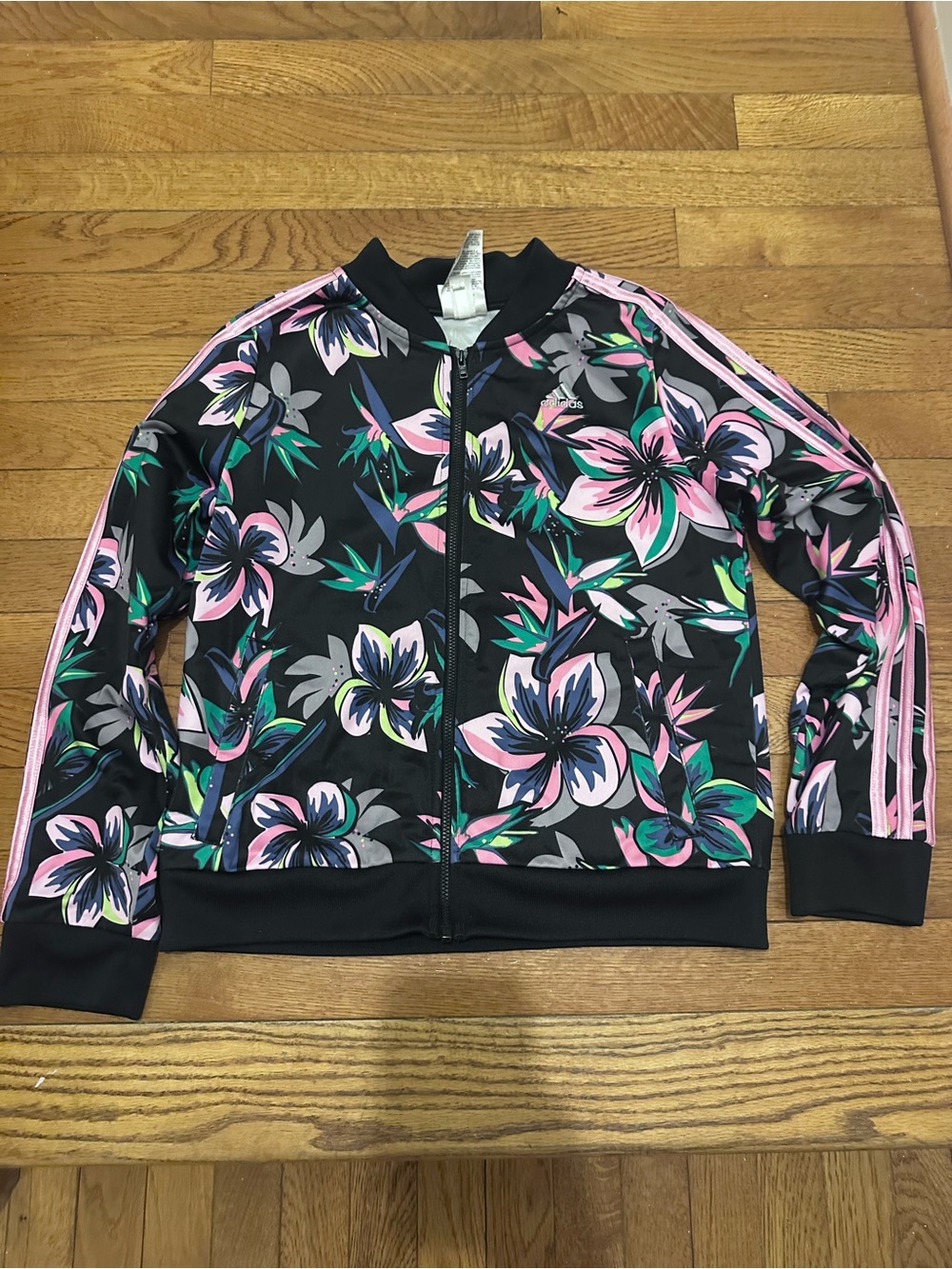 adidas Kids Black Floral Bomber Jacket with Pink Stripes